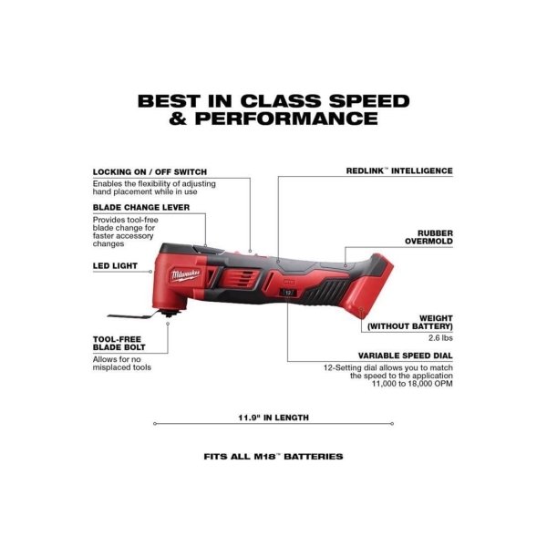 Milwaukee 2626-20 M18 18V Lithium Ion Cordless 18,000 OPM Orbiting Multi Tool with Woodcutting Blades and Sanding Pad with Sheets Included (Battery Not Included, Power Tool Only) - Image 7